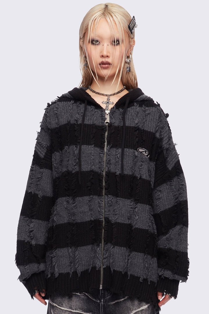 Striped Knitted Zip-Up Hoodie in Black and Grey | Minga London