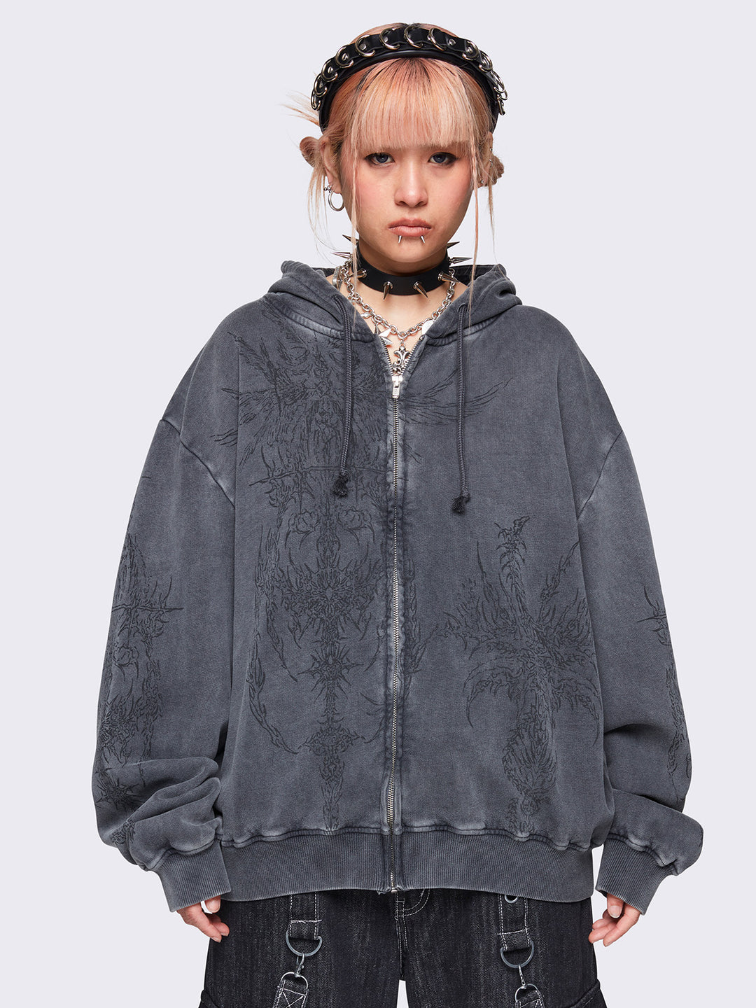 Grey oversized zip up hoodie discount