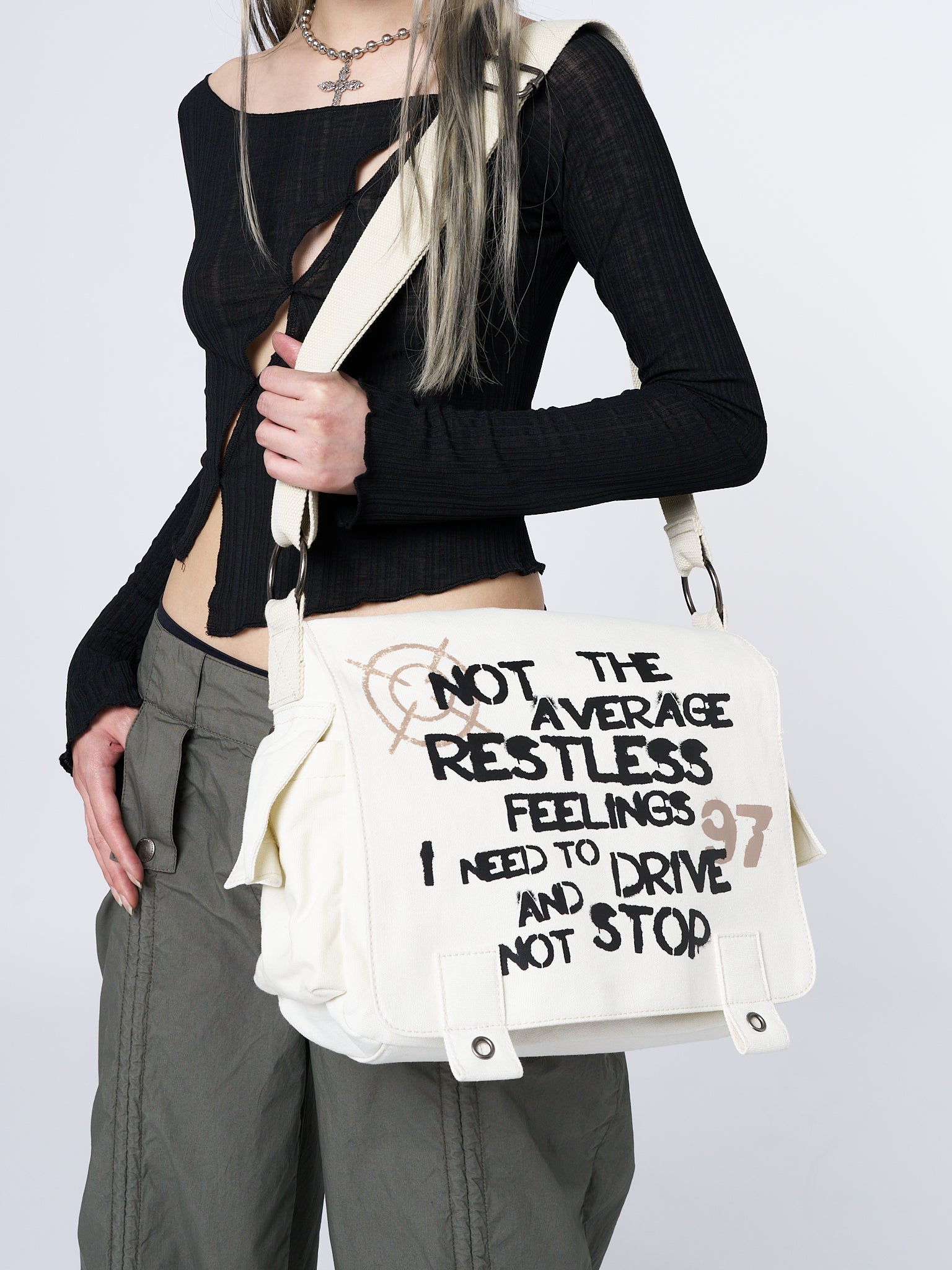 Off White Canvas Messenger Bag with Front Graphic Print - Y2K & Grunge ...