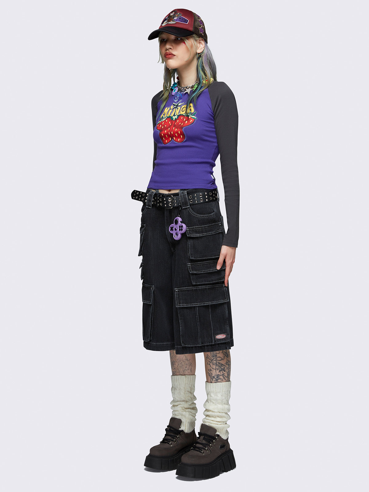 Raglan long sleeve top in black and purple with strawberry butterfly print