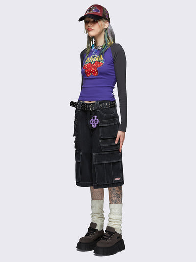 Raglan long sleeve top in black and purple with strawberry butterfly print