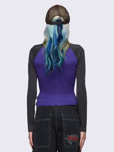 Raglan long sleeve top in black and purple with strawberry butterfly print