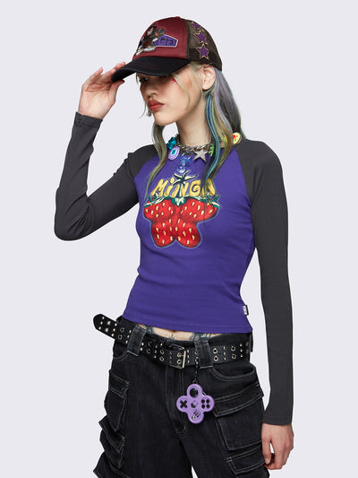 Raglan long sleeve top in black and purple with strawberry butterfly print