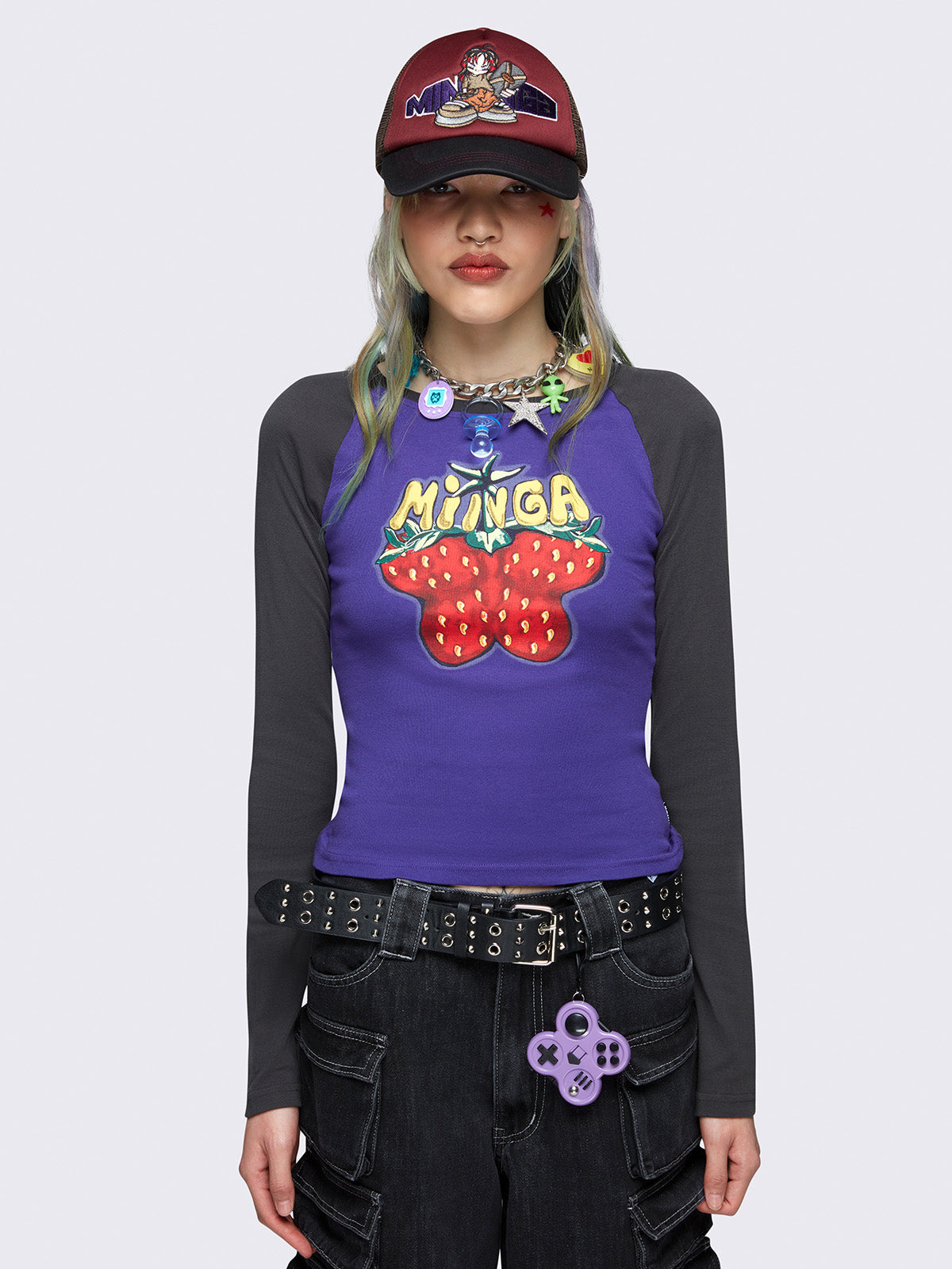 Raglan long sleeve top in black and purple with strawberry butterfly print