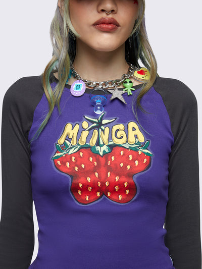 Raglan long sleeve top in black and purple with strawberry butterfly print
