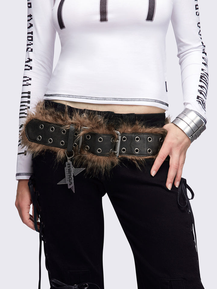 fur belt outer gray Faux Fur Grommet Buckle Belt in Brown | Minga