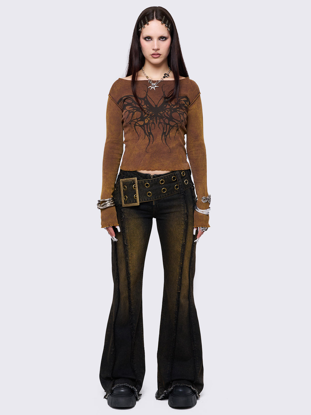 Overdye Belted Distressed Flare Jeans – Y2K Grunge | Minga