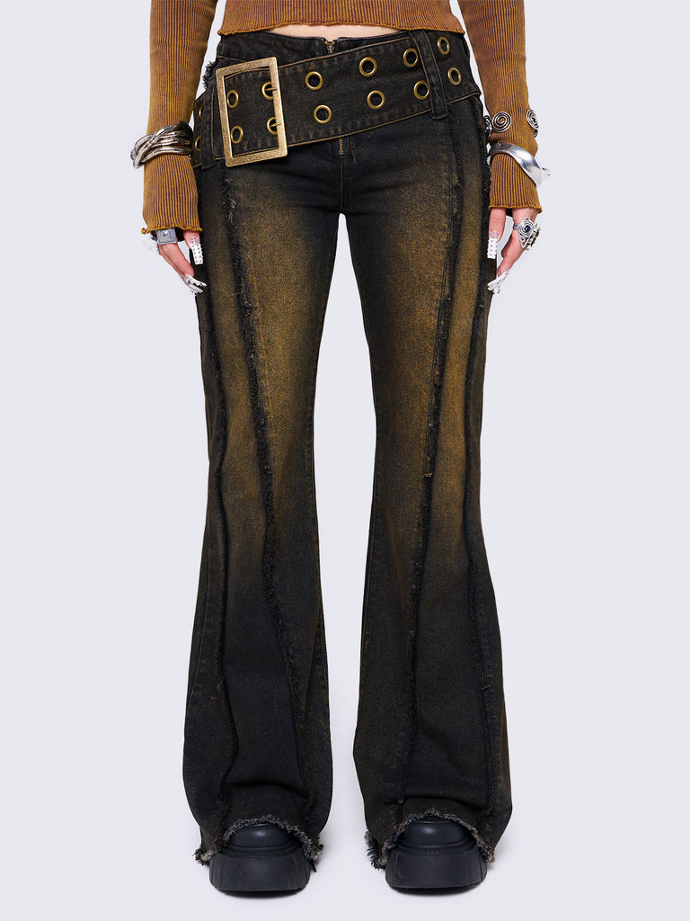 【Minga London】ベルト付き フレア ジーンズ Black Belted Distressed Flare Jeans | Minga London – Minga