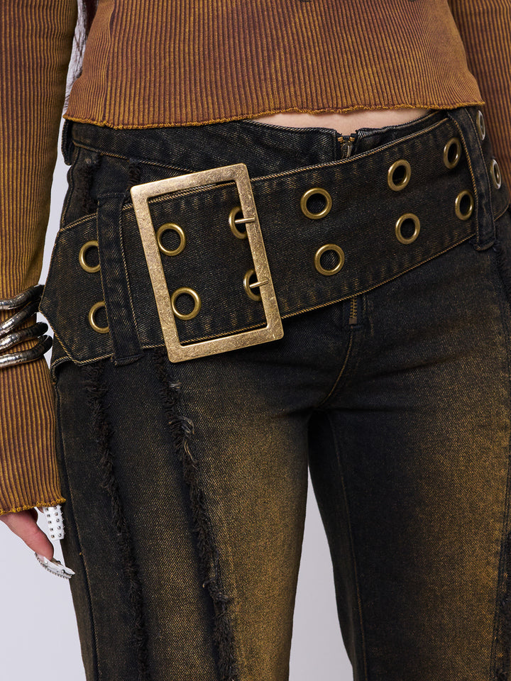 【Minga London】ベルト付き フレア ジーンズ Black Belted Distressed Flare Jeans | Minga London – Minga