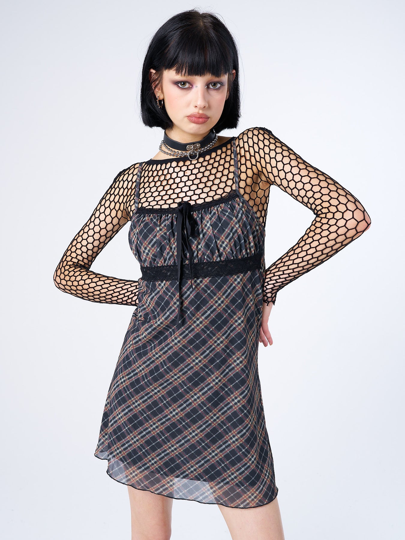 Yellow Black Plaid Tartan Lace Trim Cami Mini Dress Y2K Grunge Minga London