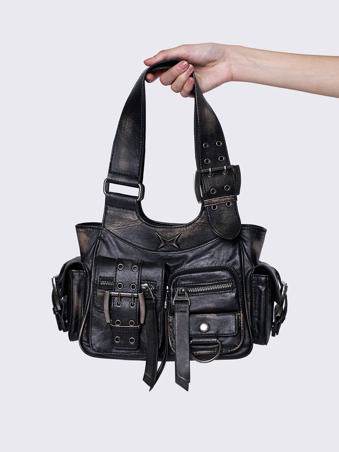 Brown wash PU Leather Cargo Shoulder Bag with Buckle Details
