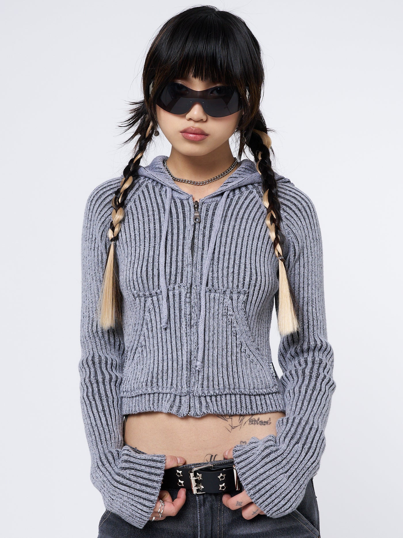 Jinx Grey Cropped Zip Hoodie Cardigan - Minga London