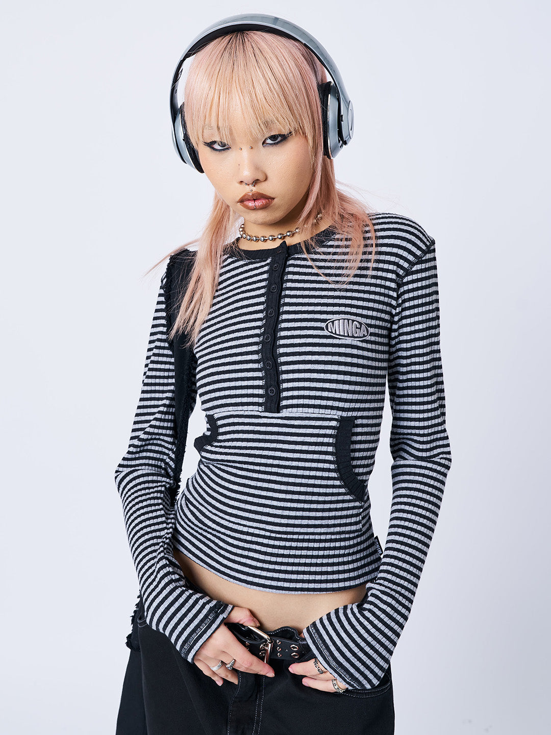 Grey Striped Long Sleeve Top with Half-Button Y2K | Minga London