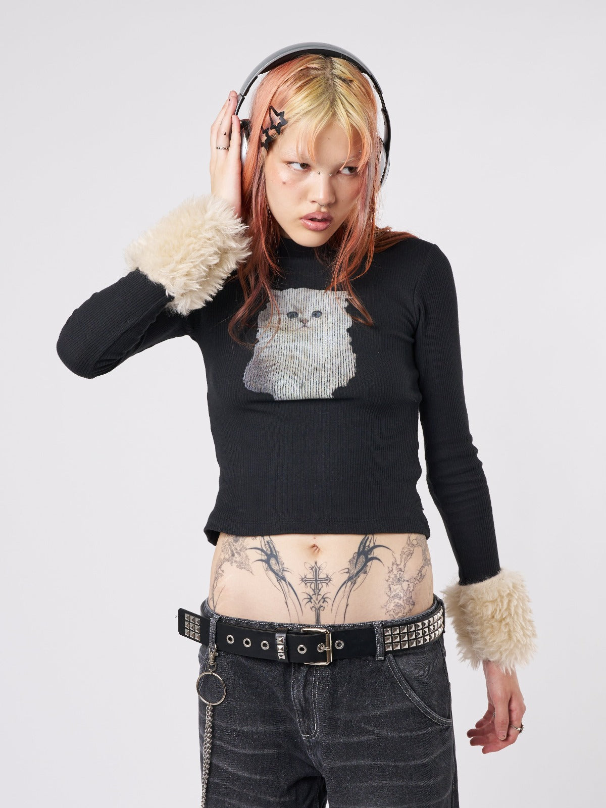 Kitty Faux Fur Cuffs High Neck Top - Minga London