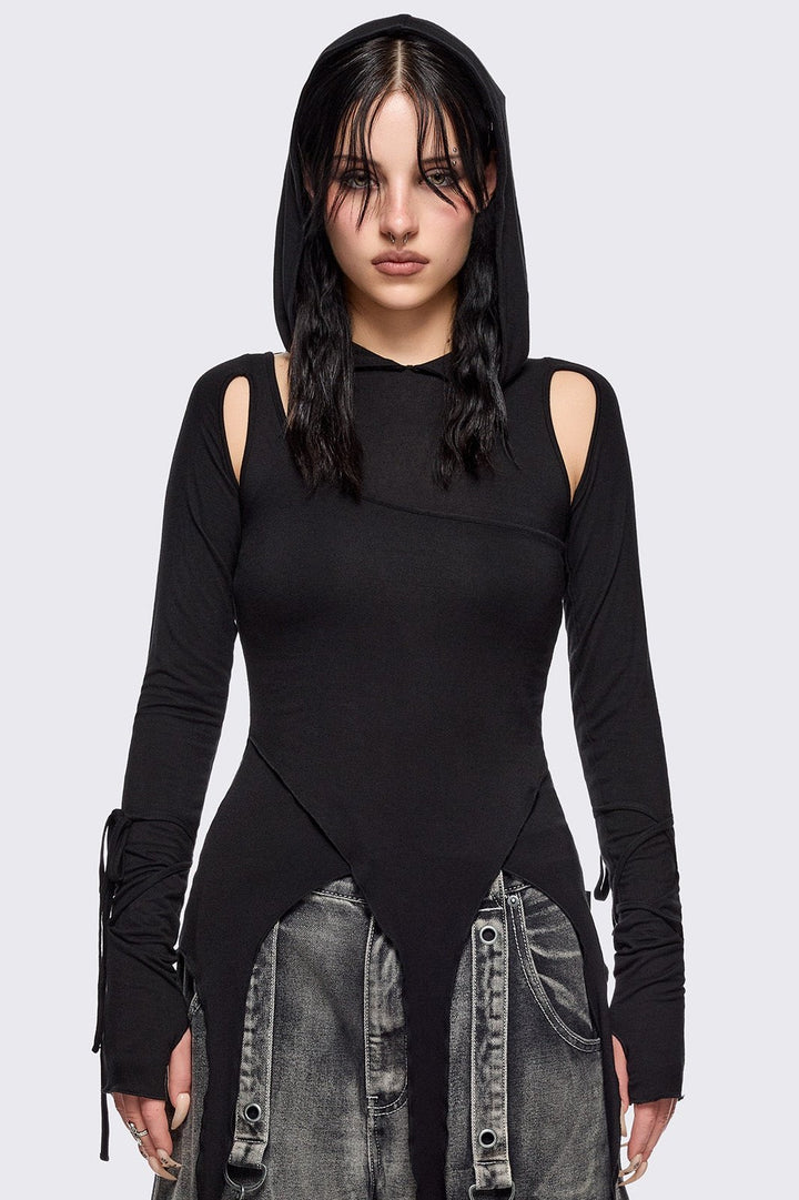 Cut-Out Asymmetrical Hooded Top with Thumb Holes | Minga London