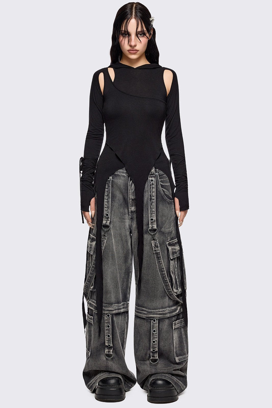 Cut-Out Asymmetrical Hooded Top with Thumb Holes | Minga London