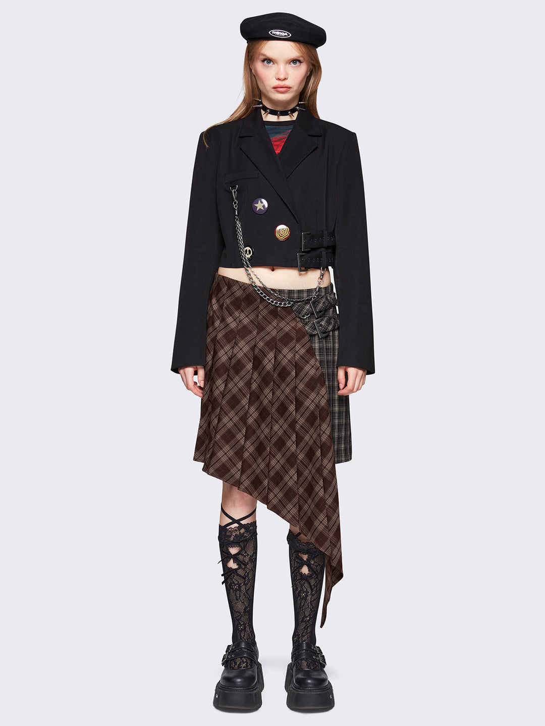 Brown Plaid Tartan Asymmetric Pleated Midi Skirt Minga London