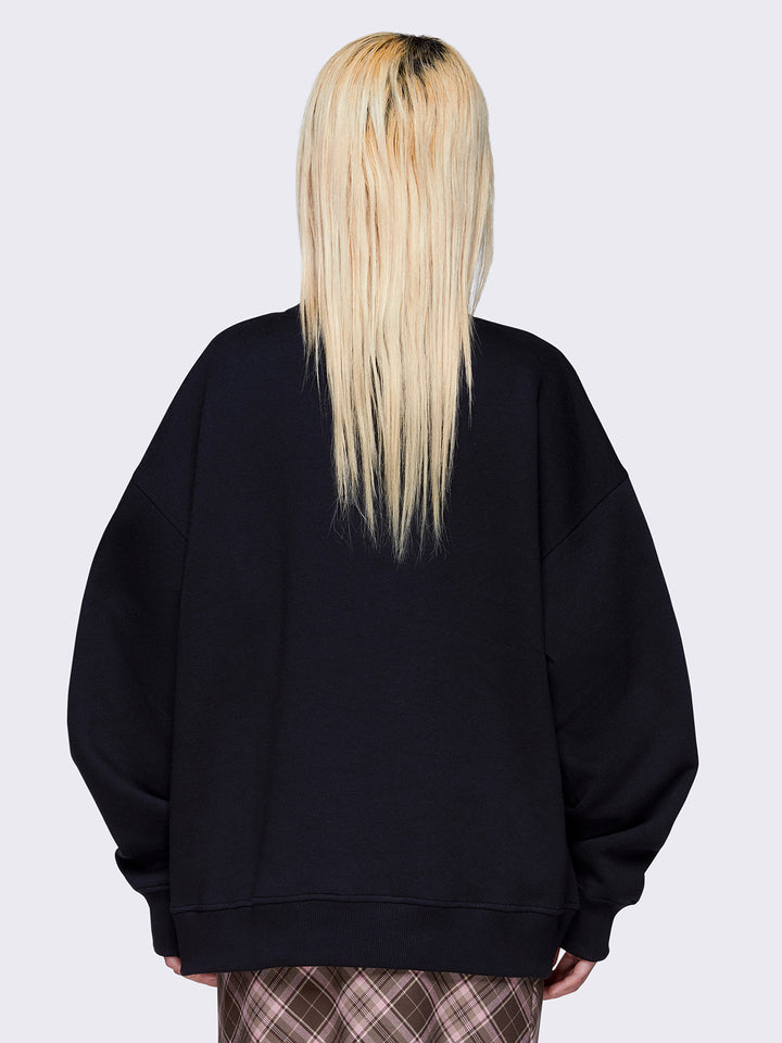 Black Oversized Graphic Sweatshirt with Ruffled Heart and