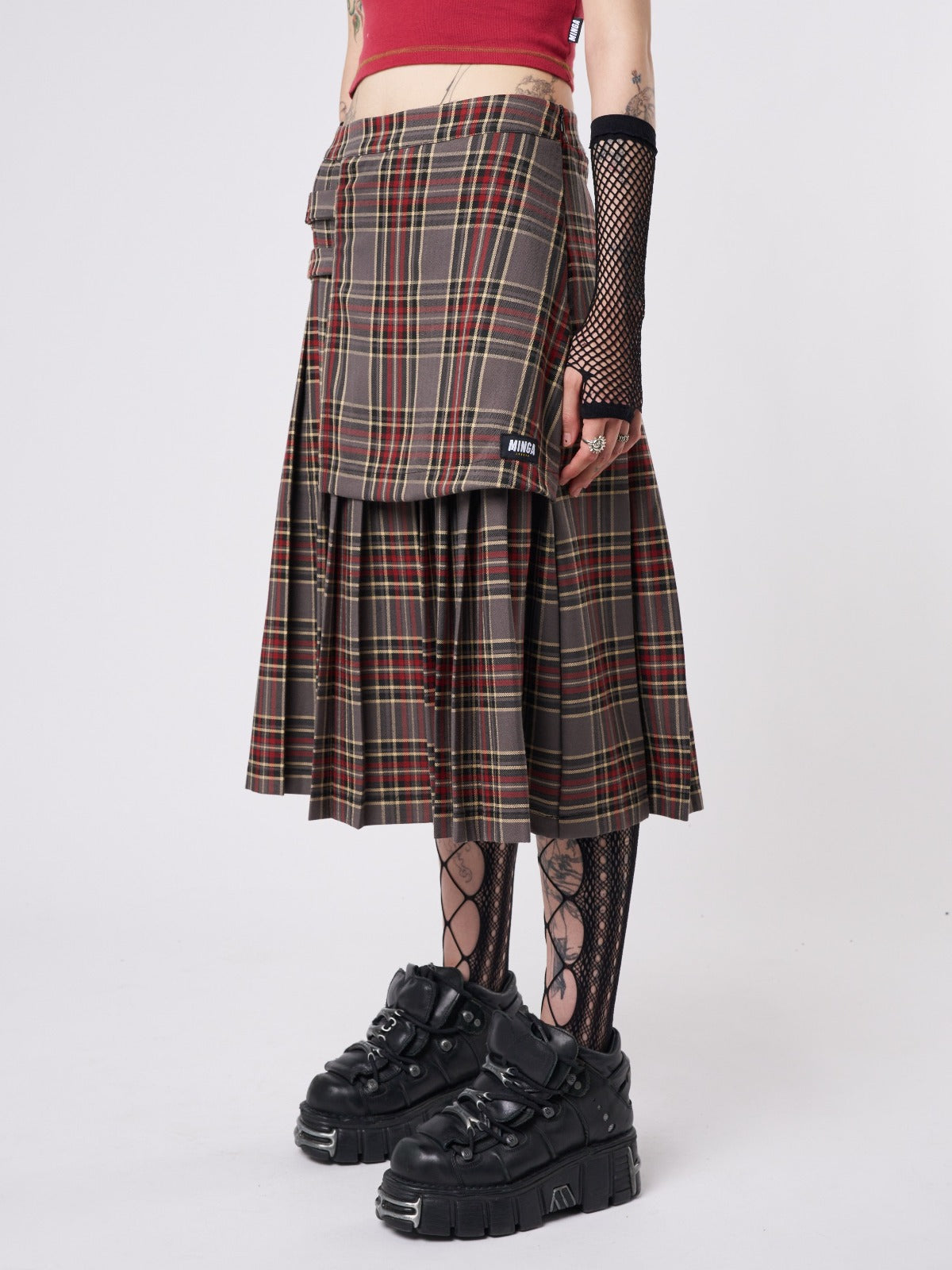 Laurie Pleated Tartan Midi Skirt - Minga London