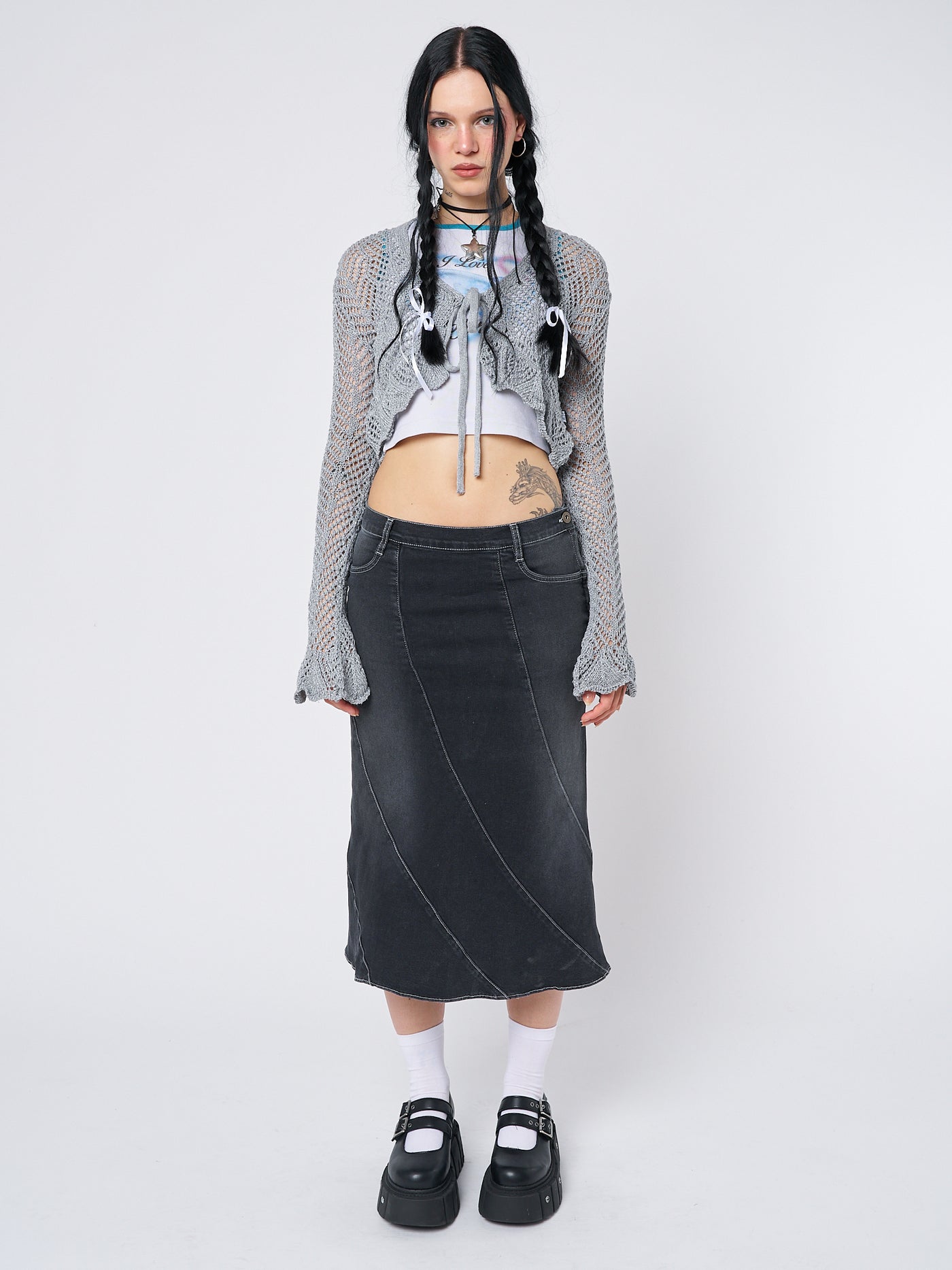 Leia Flared Denim Midi Skirt - Minga London