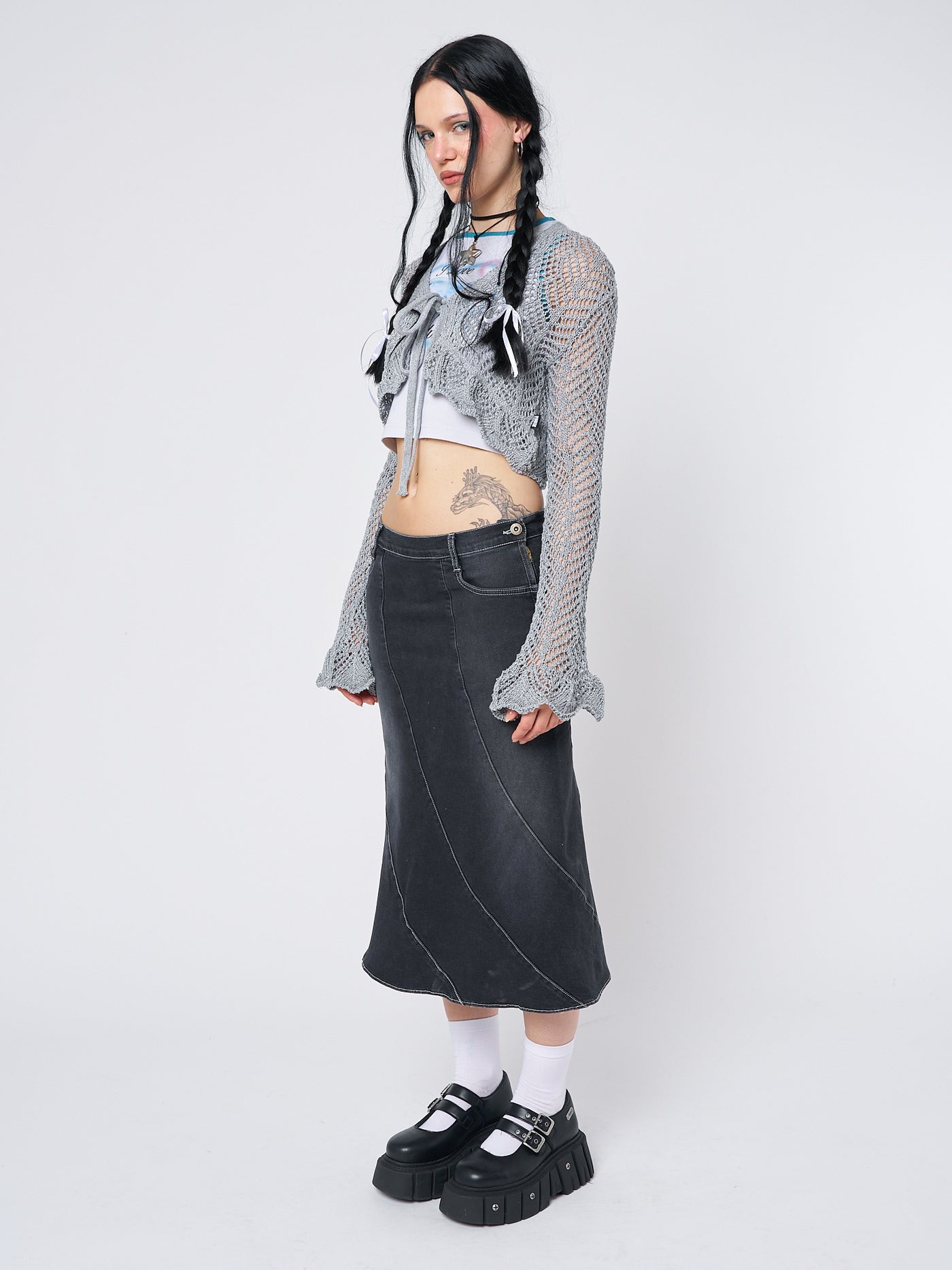 Leia Flared Denim Midi Skirt - Minga London