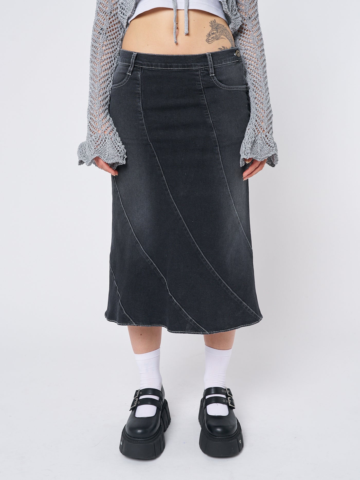 Leia Flared Denim Midi Skirt - Minga London