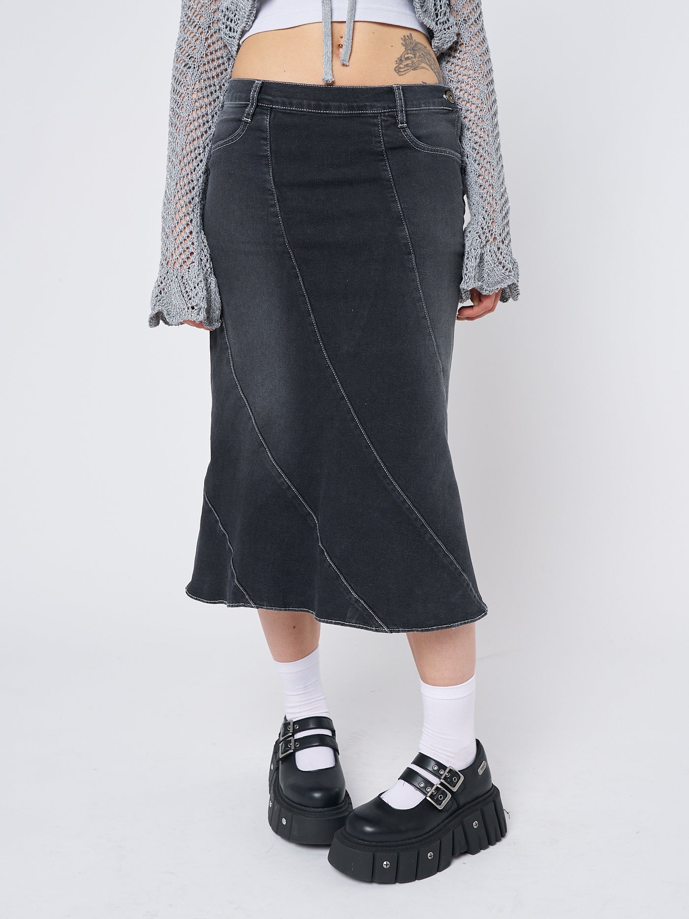 Leia Flared Denim Midi Skirt - Minga London