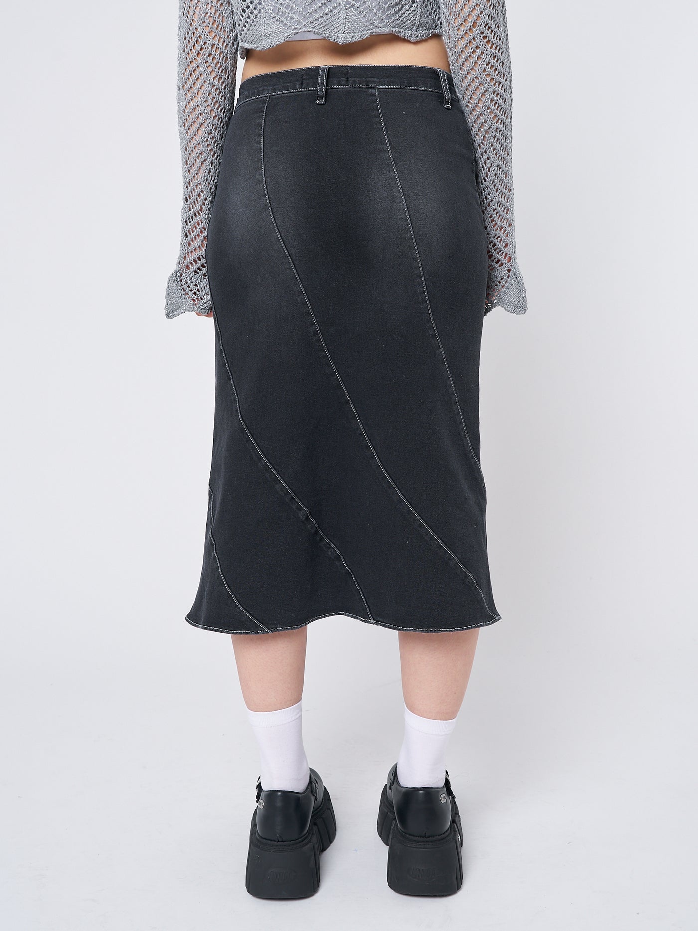 Leia Flared Denim Midi Skirt - Minga London