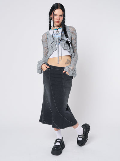 Leia Flared Denim Midi Skirt - Minga London