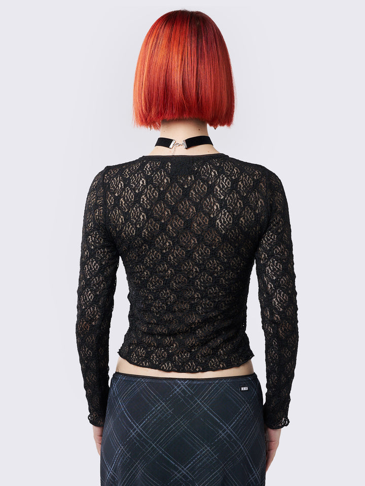 Black Lace Floral Slim Fit Top with Long Sleeves - Witchy Goth Fashion |  Minga London