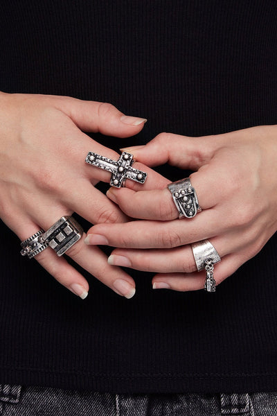 5 PC Grunge Silver Ring Set with Cross | Minga London