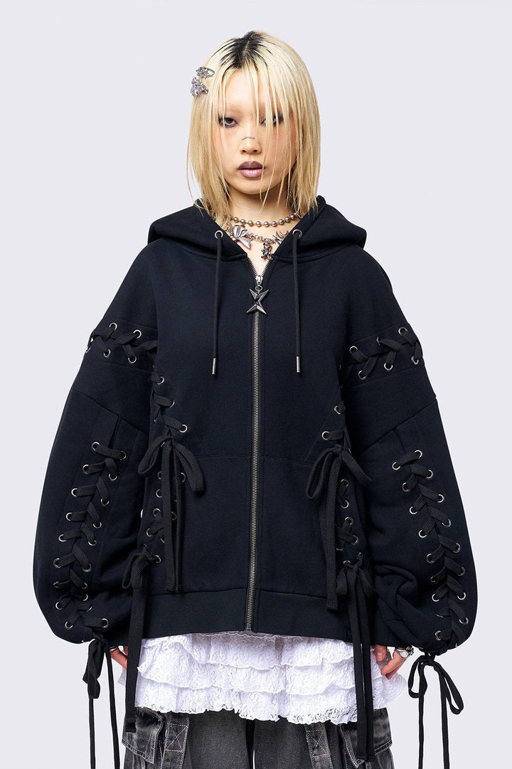 Black Oversized Zip Up Hoodie with Lace Up Details | Minga London