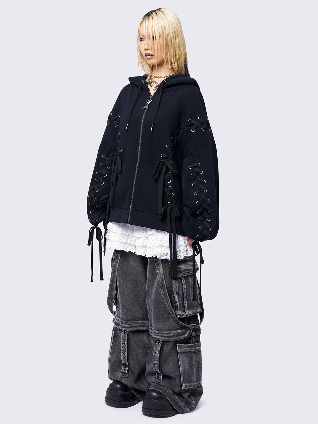 ⭐️mia Black Oversized Zip Up Hoodie with Lace Up Details | Minga
