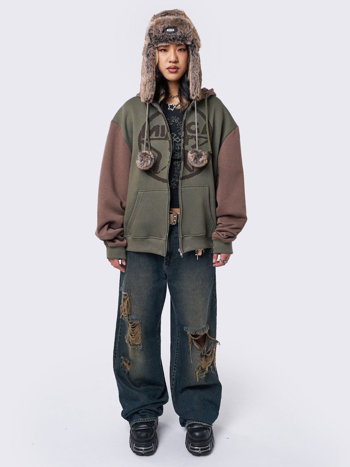 Star Khaki Brown Oversized Zip Up Hoodie Minga London