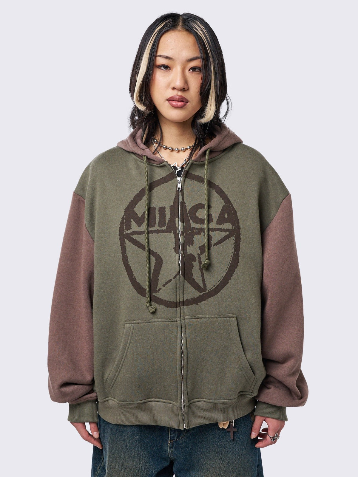 Star Khaki Brown Oversized Zip Up Hoodie Minga London