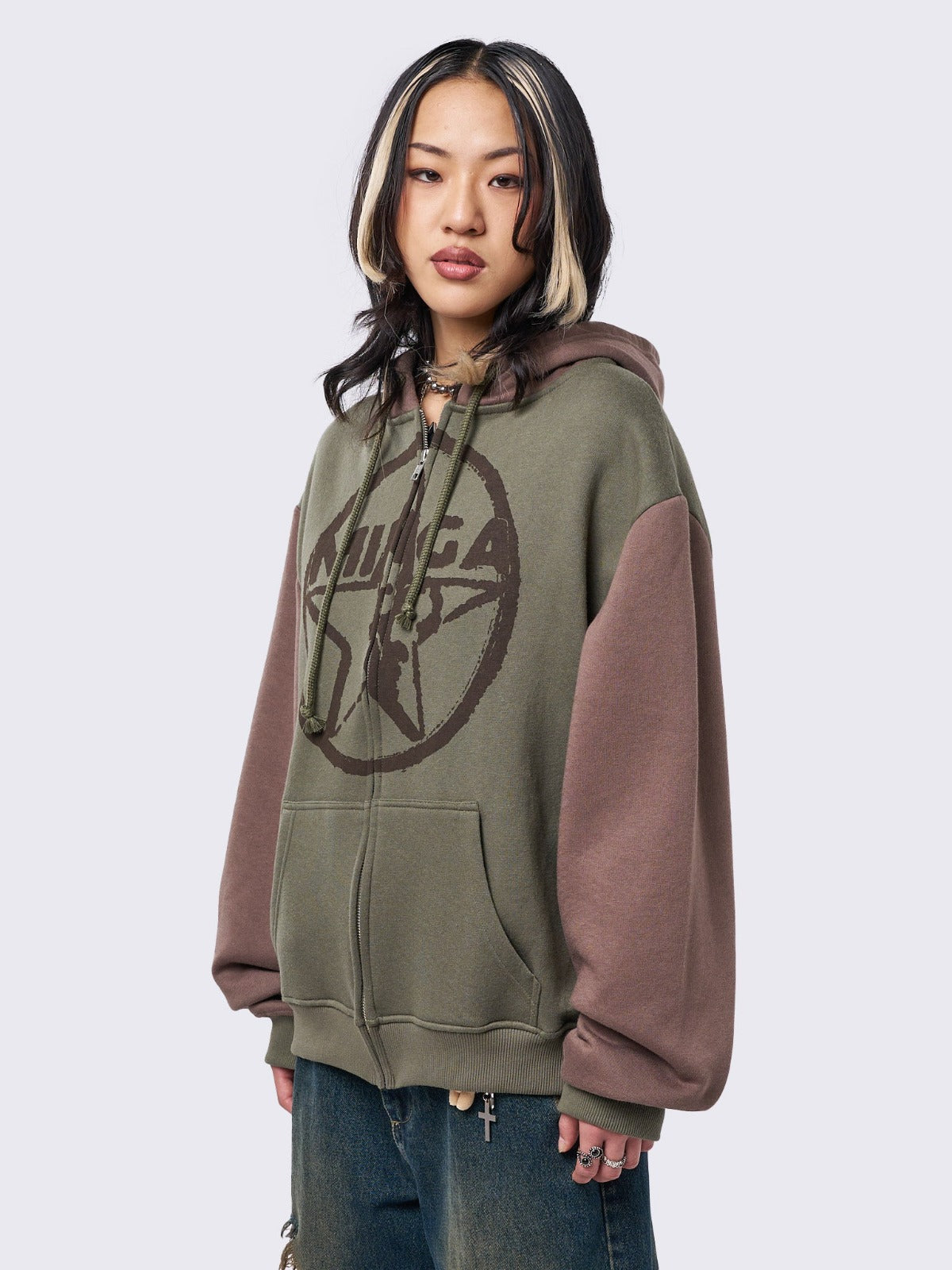 Star Khaki Brown Oversized Zip Up Hoodie Minga London