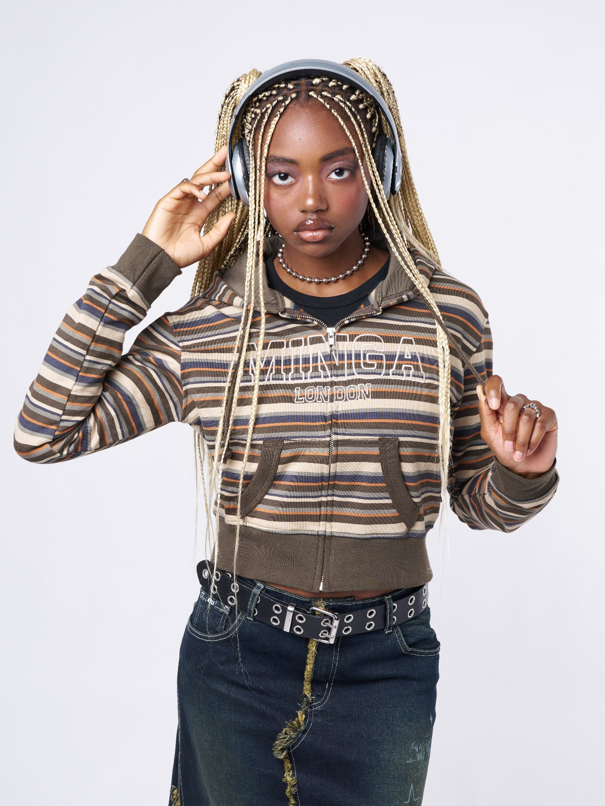 Minga Striped Cropped Zip Up Hoodie