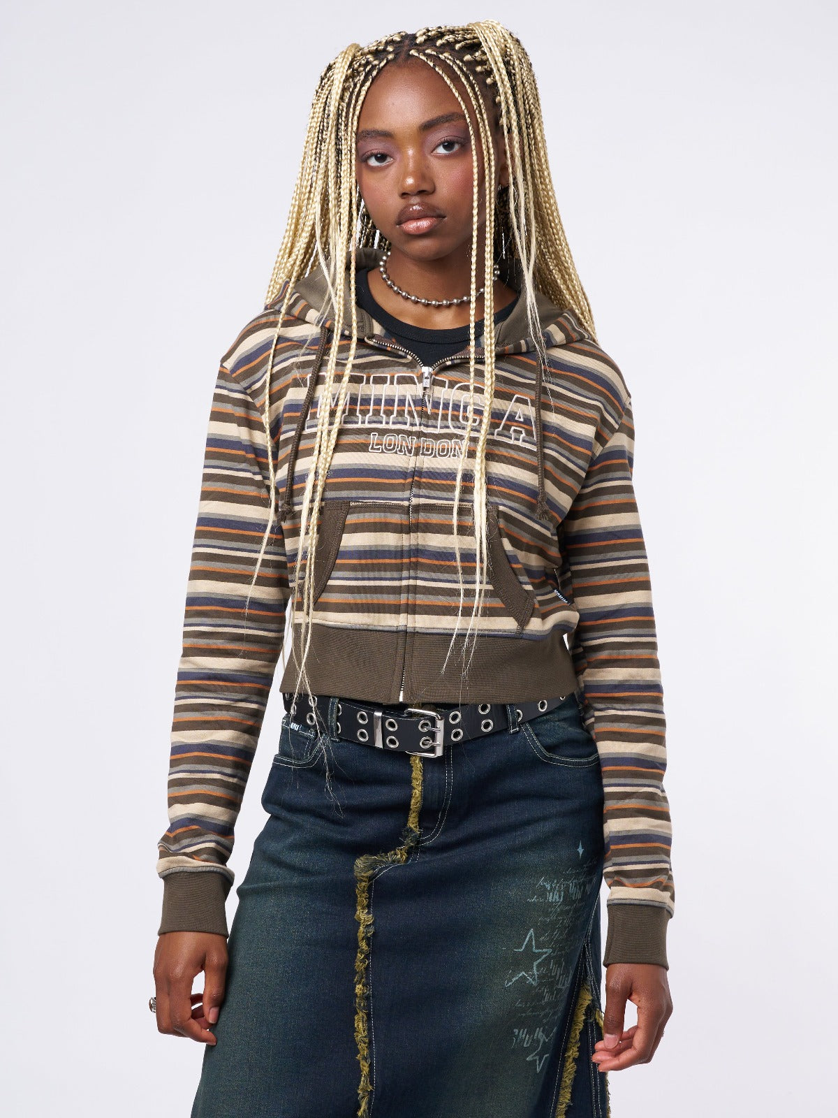 Minga Striped Cropped Zip Up Hoodie