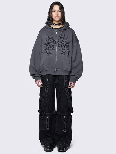 Oversized Grey Zip-Up Hoodie with Sigil Graphic Embroidery Oversized Grey Zip-Up Hoodie with Sigil Graphic Embroidery