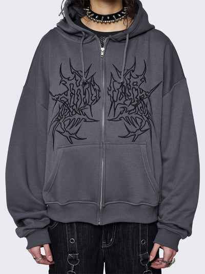 Grey zip up hoodie jacket with sigilism graphic front embroidery.