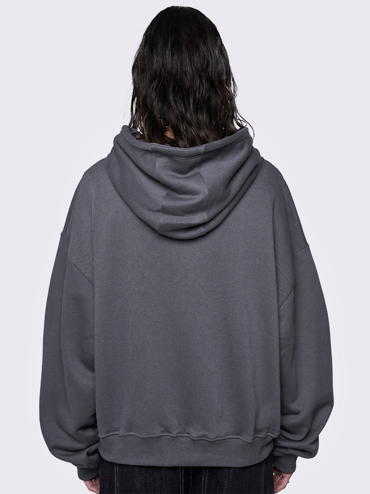 Grey zip up hoodie jacket with sigilism graphic front embroidery.