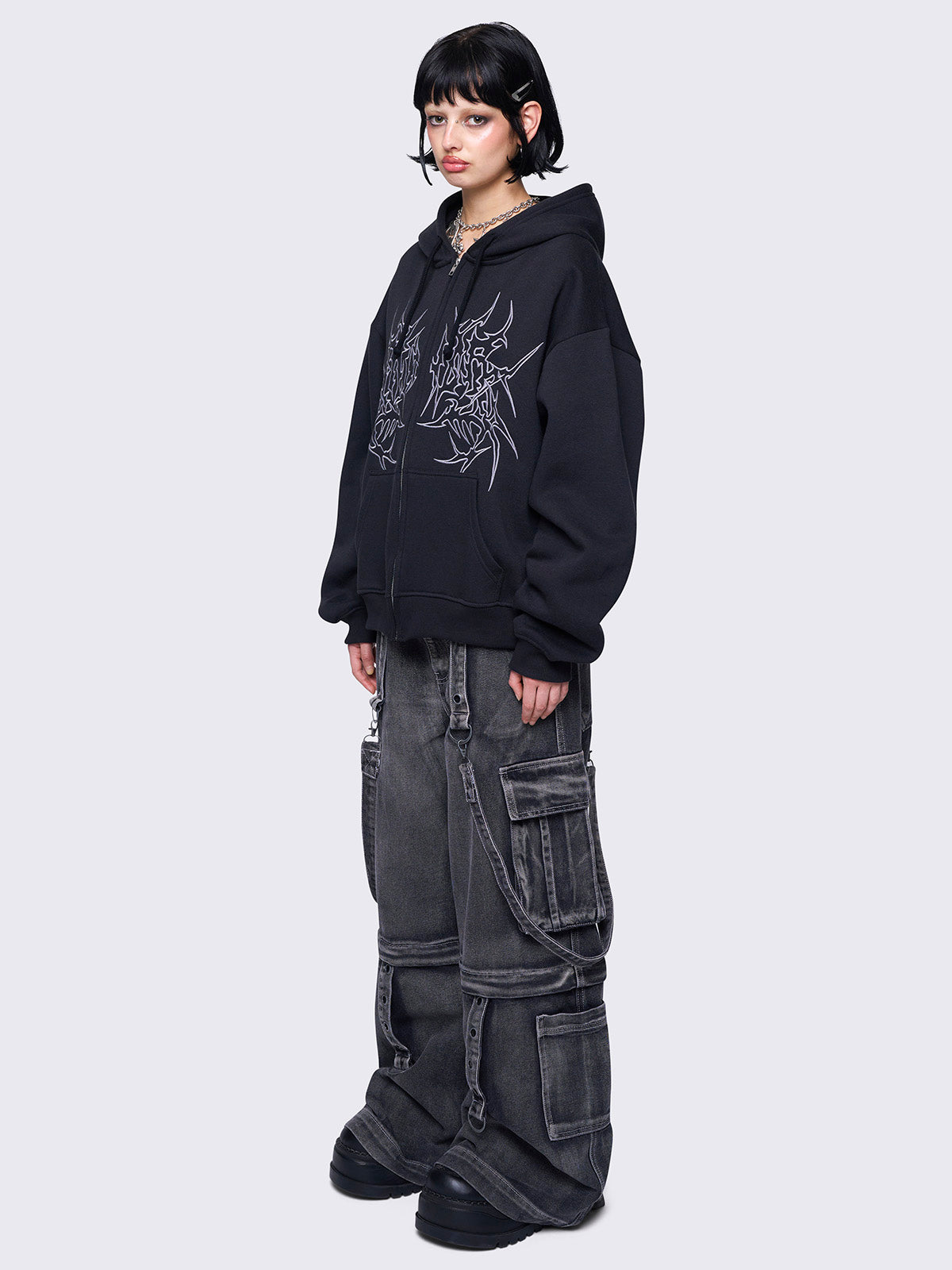 Zip up hoodie jacket in black with Sigilism graphic front embroidery and Drawstring hood.