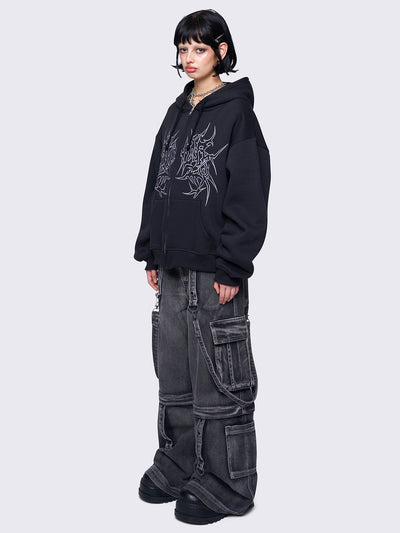 Zip up hoodie jacket in black with Sigilism graphic front embroidery and Drawstring hood.