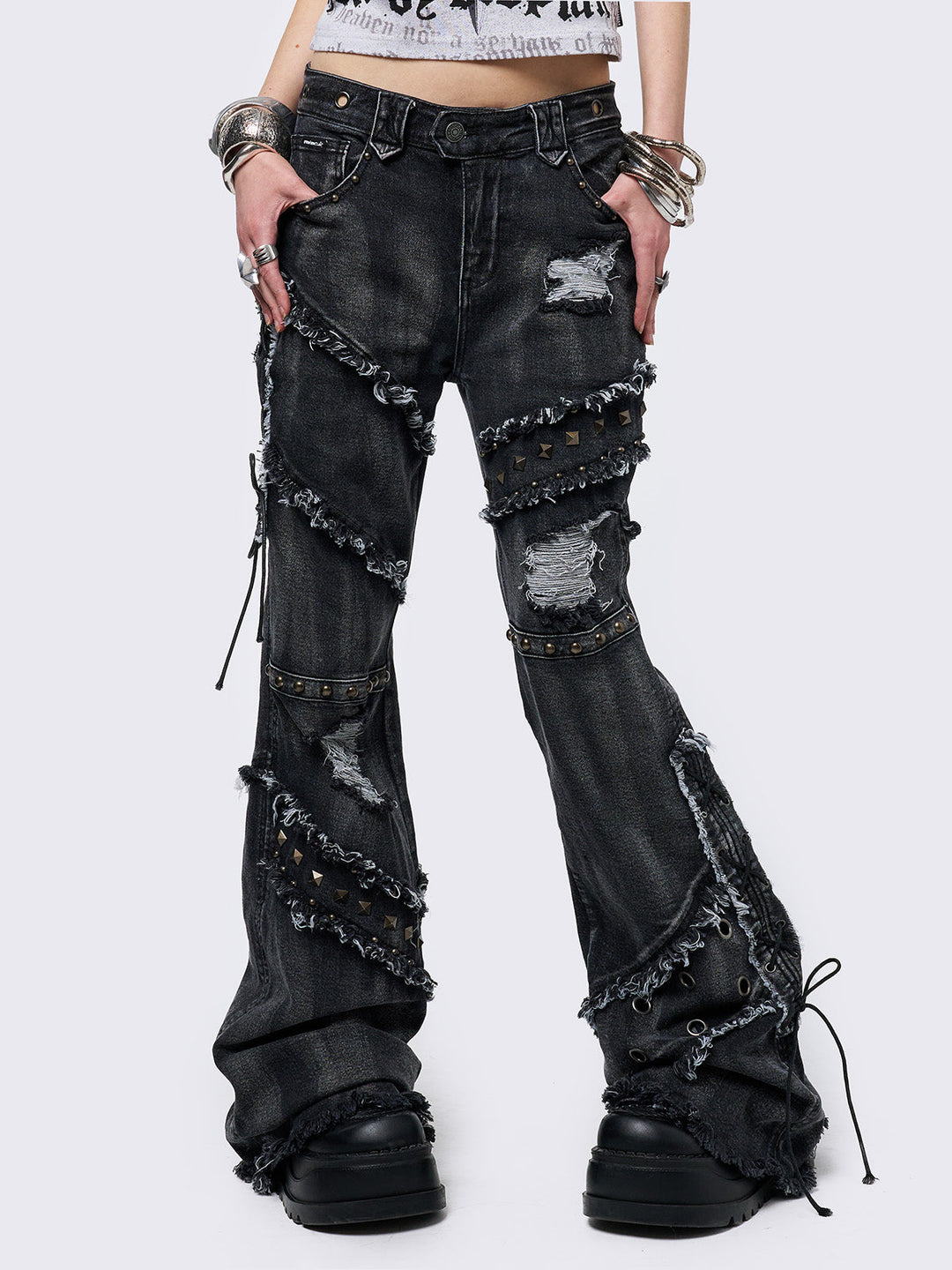 Y2K 00s Archive Punk design フレアパンツ ペイント PPFM ARCHIVE Y2K スカル刺繍ボンテージデニムつなぎ 00s bernings sho y2k スカル英字 flare pants