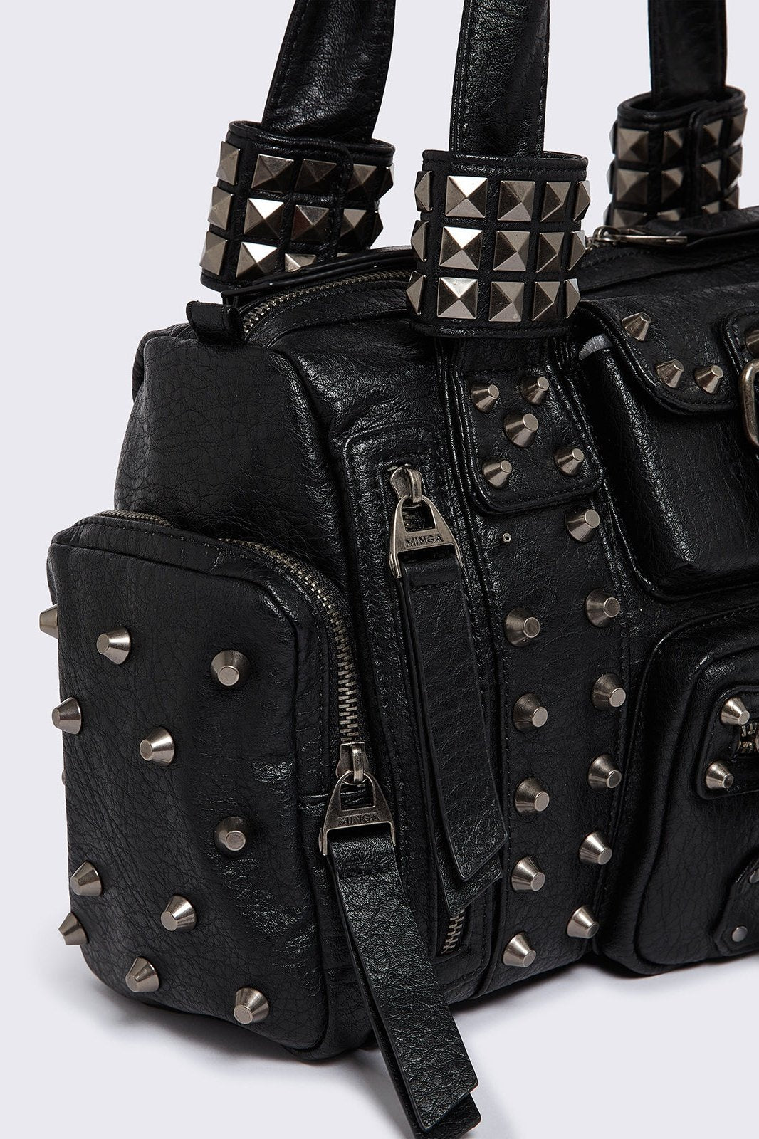 Faux Leather Spiked Multipocket Shoulder Bag in Black | Minga London