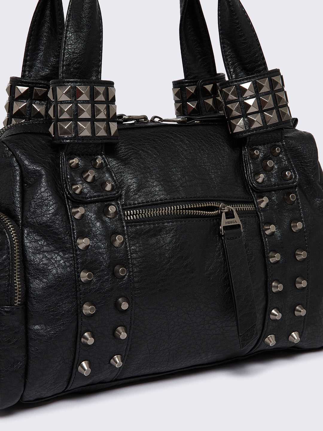 Faux Leather Spiked Multipocket Shoulder Bag in Black | Minga London