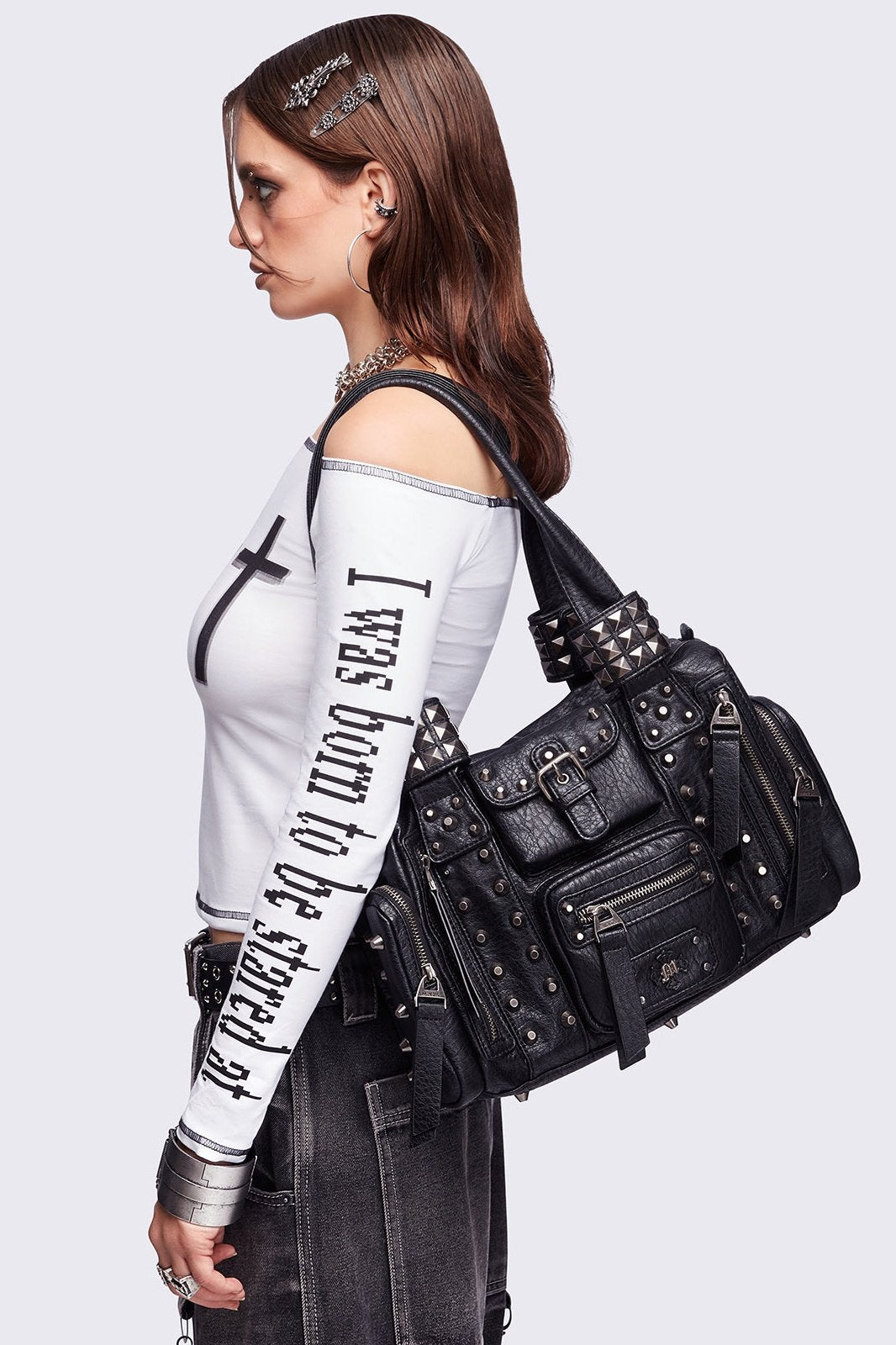 Faux Leather Spiked Multipocket Shoulder Bag in Black | Minga London