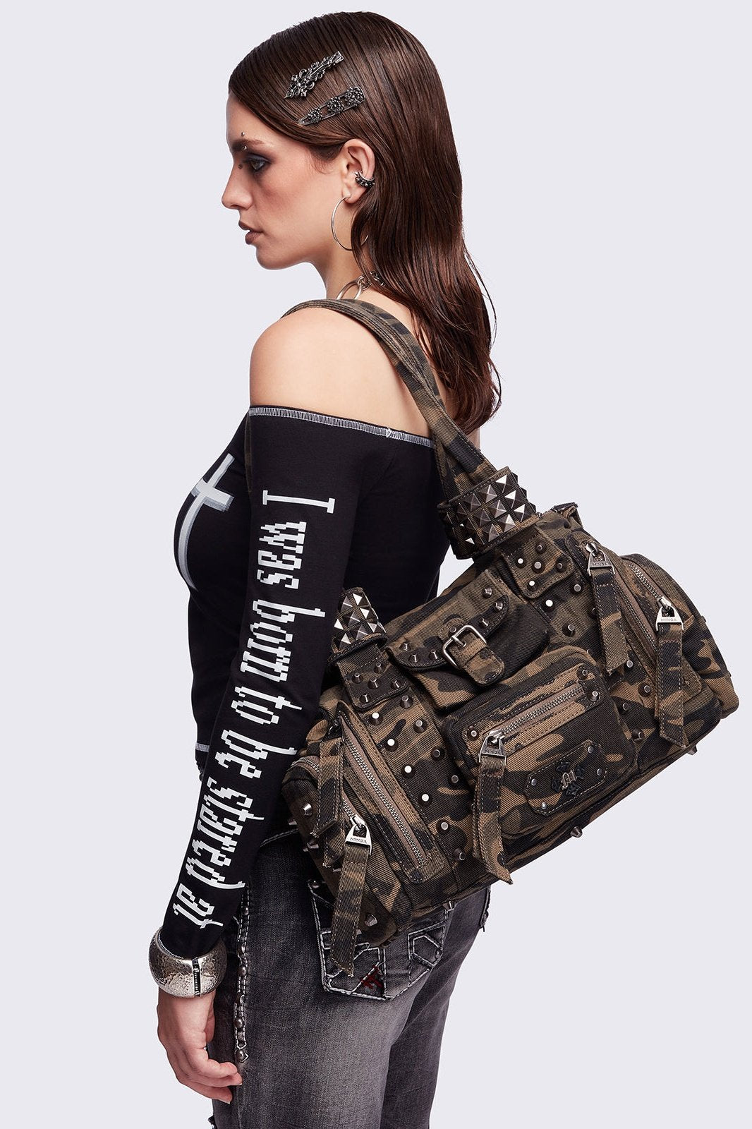 Camo Washed Spikes Multipocket Military Shoulder Bag | Minga London