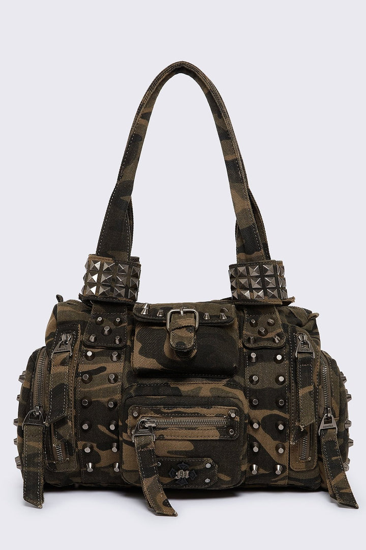 Camo Washed Spikes Multipocket Military Shoulder Bag | Minga London
