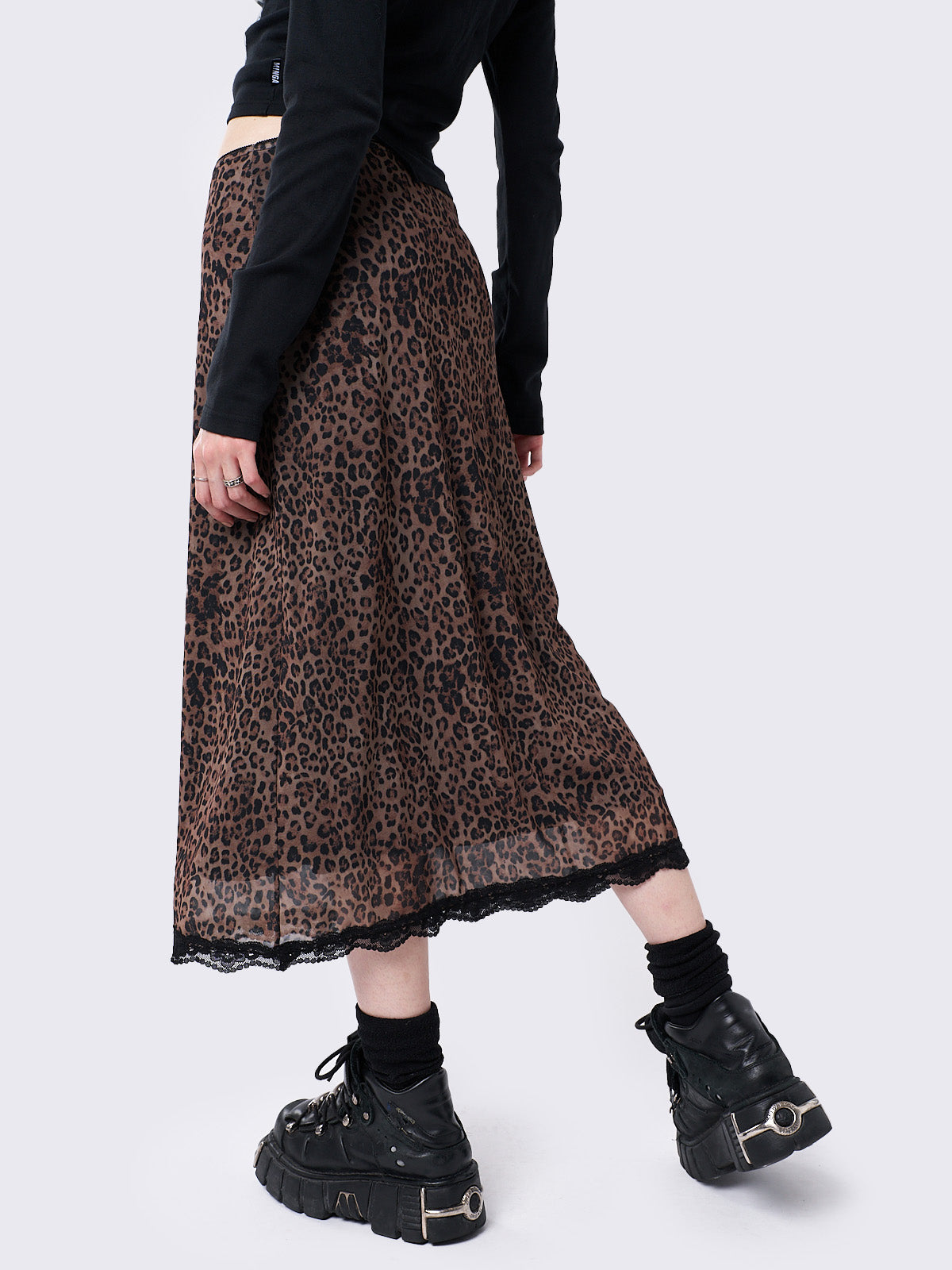 Mesh midi skirt in brown leopard print